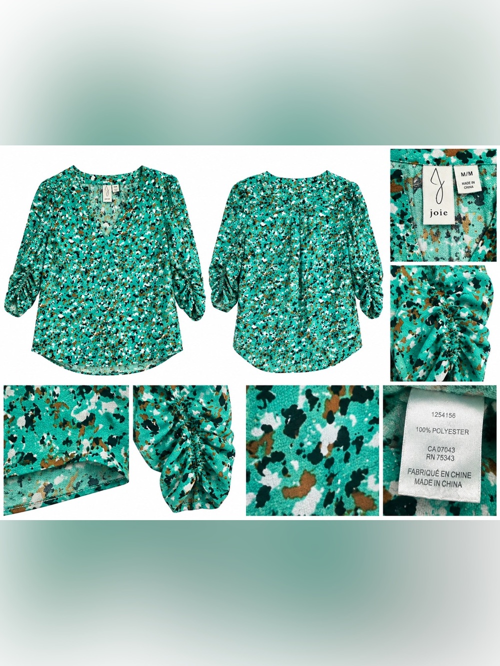 Joie Women’s M Green Abstract Print Blouse Ruched 3/4 Sleeve V Neck Top